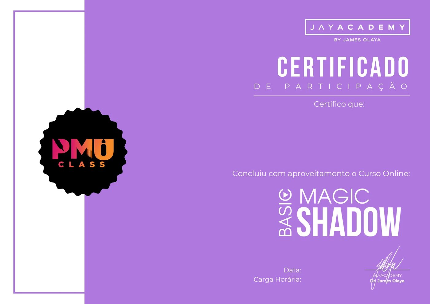 Certificado Jay Academy — assinado por James Olaya